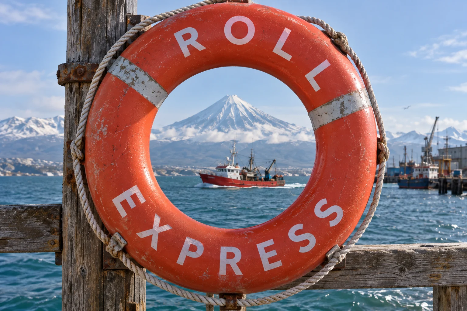 Спасательный круг ROLL EXPRESS: Ключевская сопка и рыболовный корабль